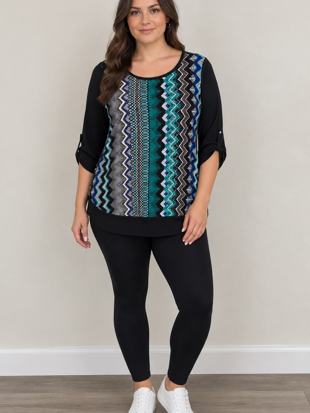 Cato Black & Teal Geometric Chevron Tunic Top – Women’s Medium